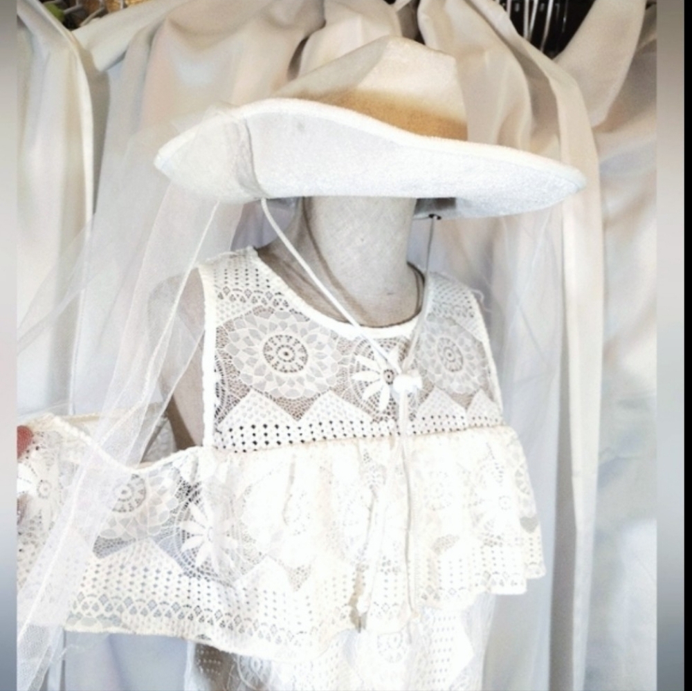 Cowgirl Wedding Dress+Cowboy Hat/Veil Off-The Shoulder, Midi, Lace, White, M